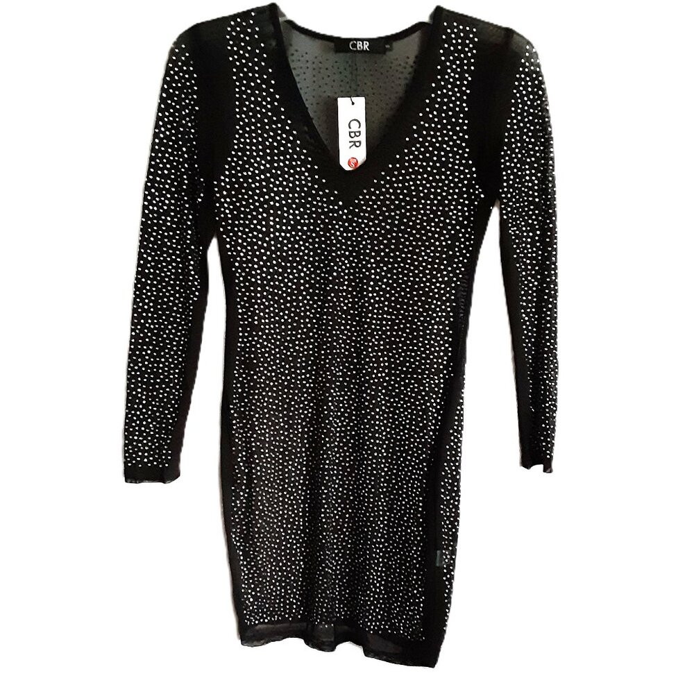 CBR Dress Size SMALL Black Rhinestones Long Sleeve V-Neck NWT Cotton Blend Sheer